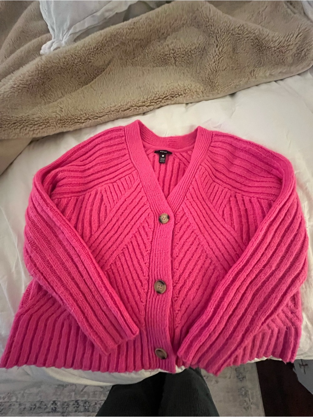 Aqua Hot Pink Ribbed Button-Front Cardigan